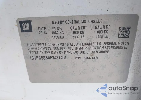 2014 Chevrolet Cruze 1Lt Auto z USA, uszkodzony, nr VIN 1G1PC5SB4E7481461